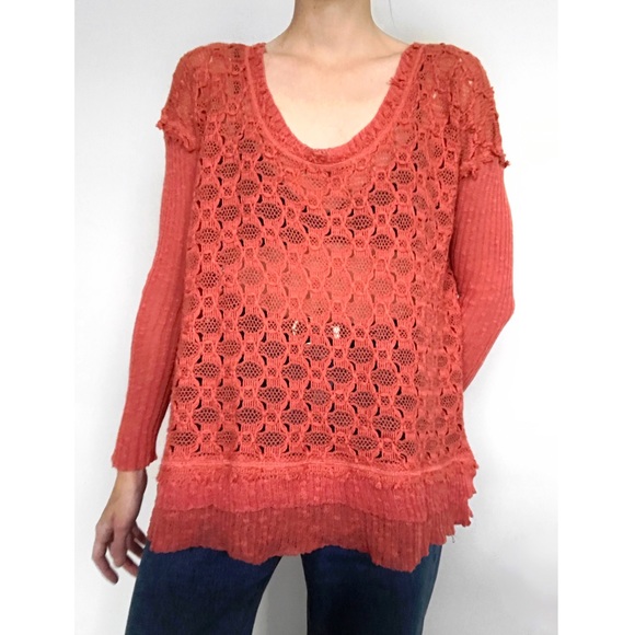 Free People Sweaters - [Free People] Ribbed Sleeve Knit Sweater in Coral